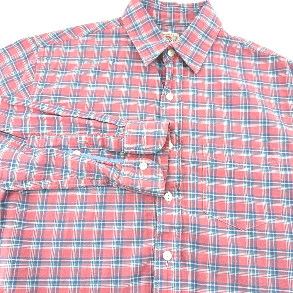 Faherty Brand Button Down Shirt Mens Small Red Blue Plaid Long Sleeve‎ Pocket